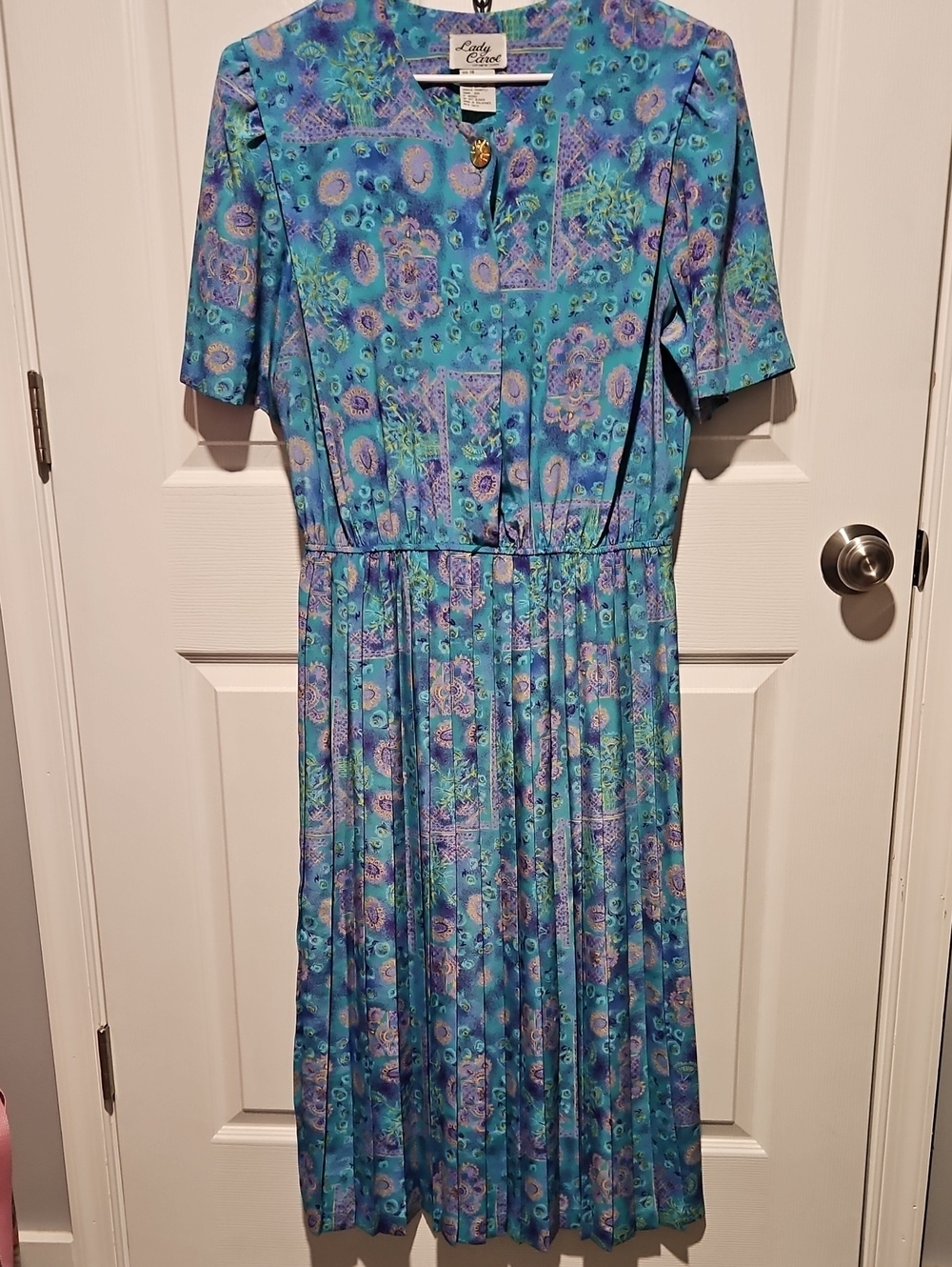 Lady Carol Vintage Teal Floral Midi Dress with Pleated Skirt